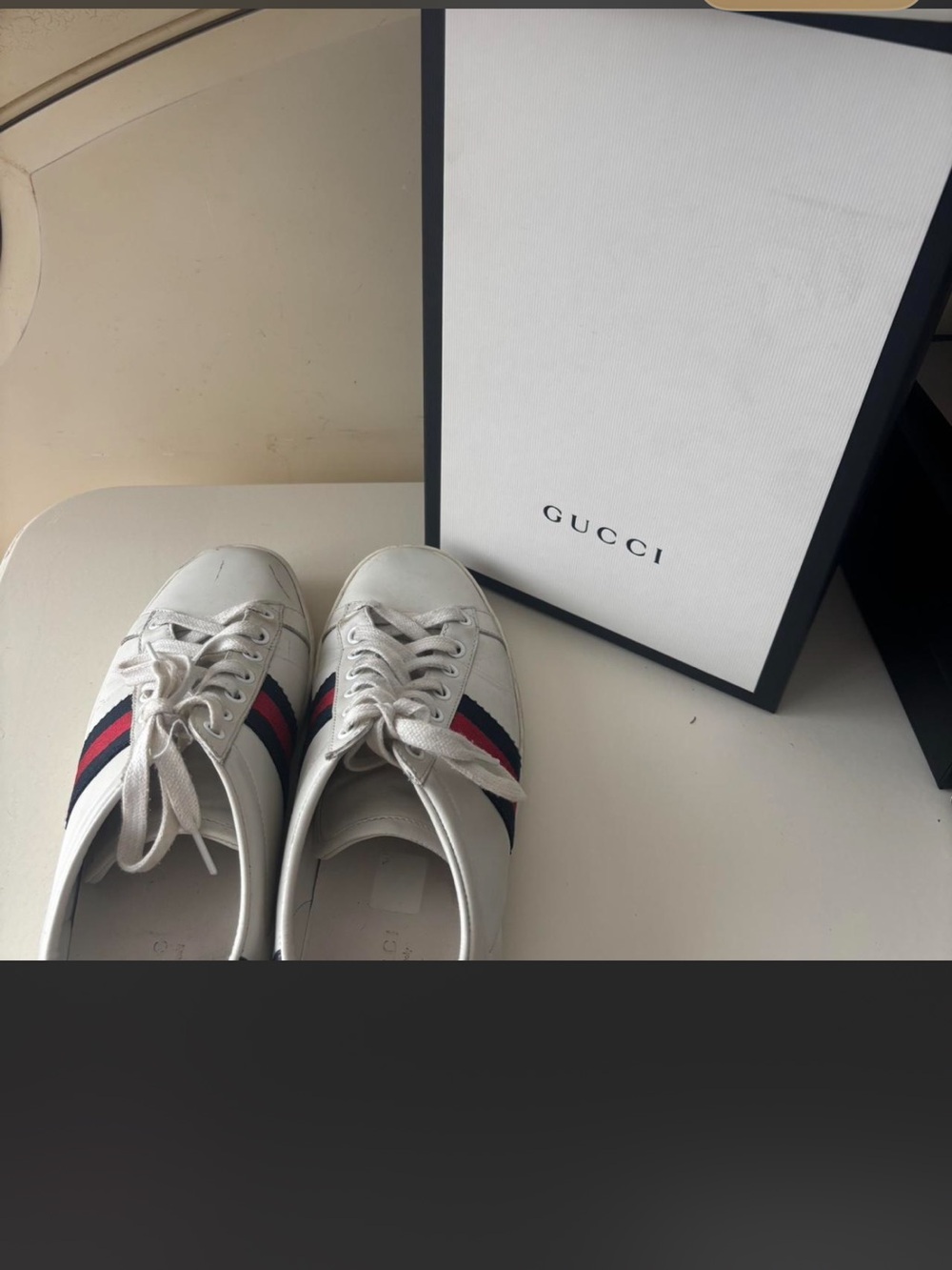 Gucci White Leather Sneakers with Red & Blue Web Stripe